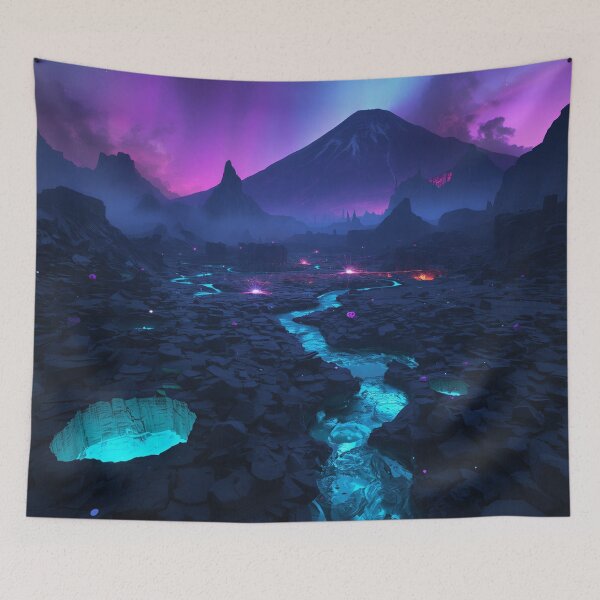 Item preview, Volcanic Alien World with Glowing Obsidian and Bioluminescent Flowers designed and sold by Luminous Wilds.