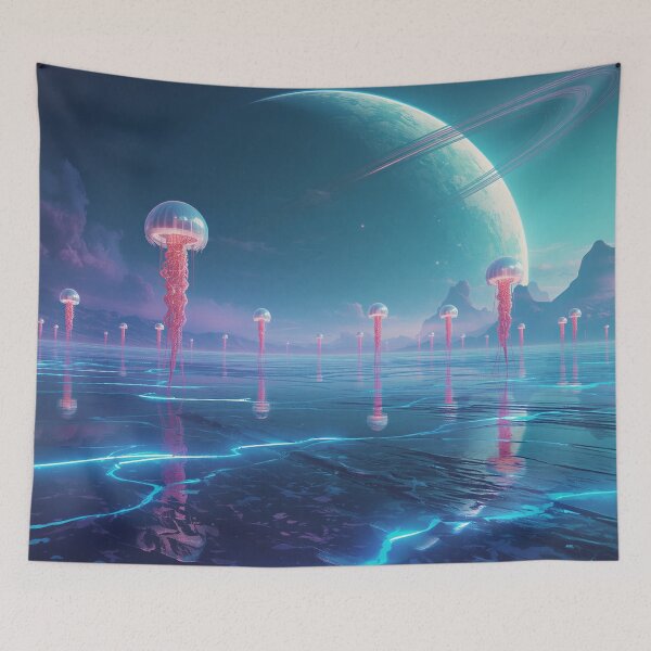 Item preview, Surreal Alien Dreamscape with Floating Creatures and Cosmic Ring Structures designed and sold by Luminous Wilds.