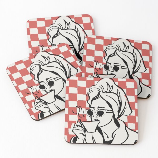 Item preview, Retro Girl Drinking Coffee Line Art with Red Checkerboard designed and sold by samahl_l.