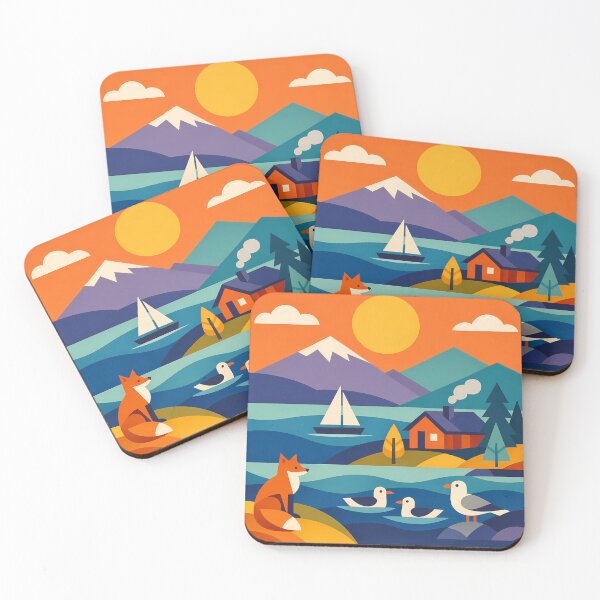 Item preview, Scandi Lake Landscape with Fox, Yacht and Cabin designed and sold by InkSmithery.