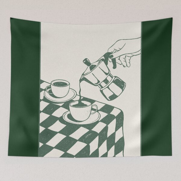 Item preview, Vintage Moka Pot Coffee Art Print with Green Checkered Tablecloth designed and sold by samahl_l.