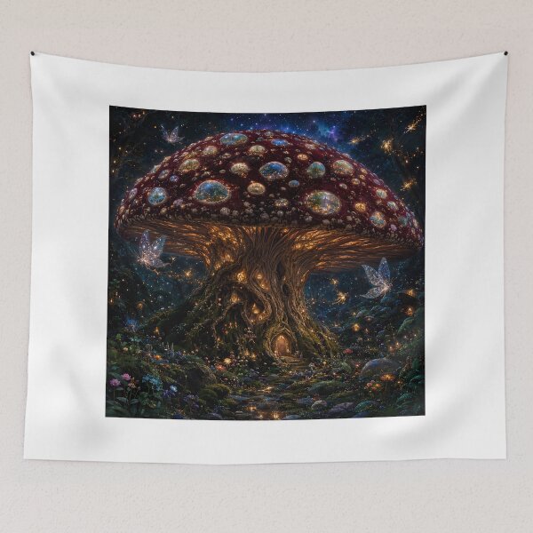 Item preview, Cosmic Mushroom Kingdom — Bioluminescent Fantasy Ecosystem — Cottagecore Goblincore Wall Art Print" designed and sold by Bossygraphicske.