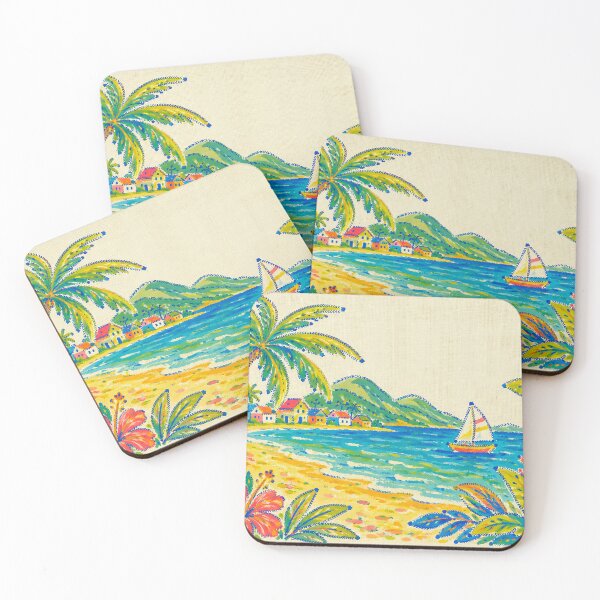 Item preview, Tropical Beach Scene – Palm Trees, Boat & Flowers Paradise designed and sold by Islabonita..