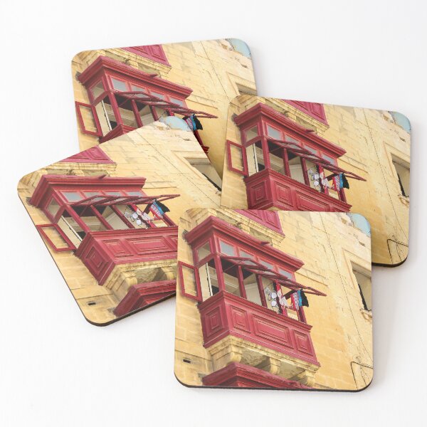 Item preview, Red Wooden Balcony With Hanging Laundry On Weathered Yellow Mediterranean Stone Facade designed and sold by Nmallia.