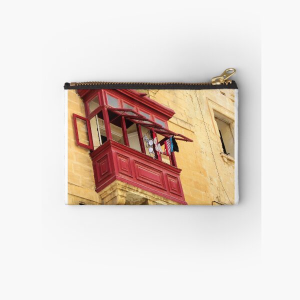 Item preview, Red Wooden Balcony With Hanging Laundry On Weathered Yellow Mediterranean Stone Facade designed and sold by Nmallia.