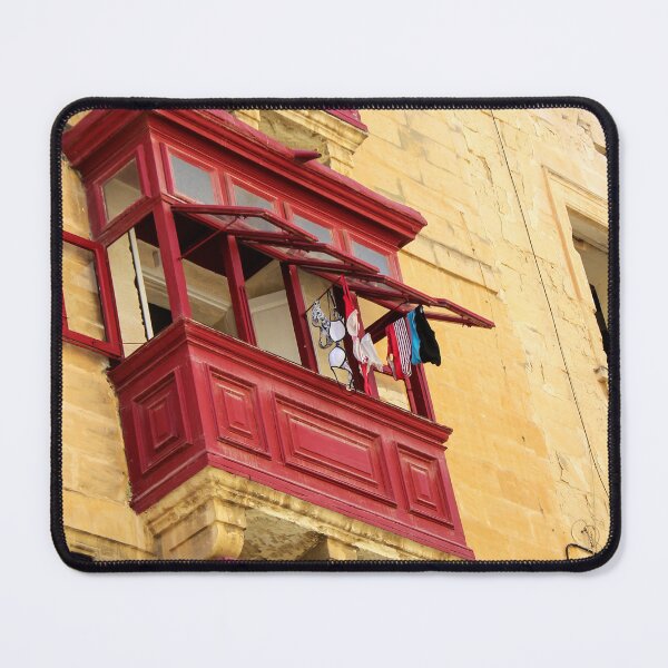 Item preview, Red Wooden Balcony With Hanging Laundry On Weathered Yellow Mediterranean Stone Facade designed and sold by Nmallia.