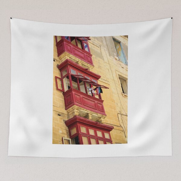 Item preview, Red Wooden Balcony With Hanging Laundry On Weathered Yellow Mediterranean Stone Facade designed and sold by Nmallia.