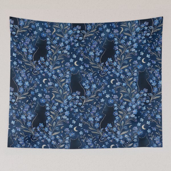 Item preview, Klimt Blue Flowers Moonlit Cat Pattern designed and sold by MythicCotton.
