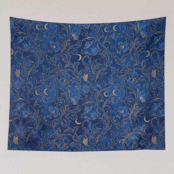 Item preview, Klimt Blue Flowers Moonlit Cat Botanical Pattern designed and sold by MythicCotton.