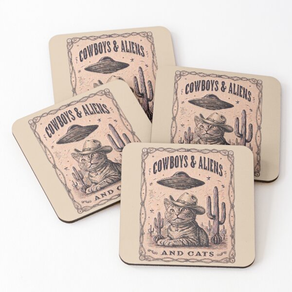 Item preview, Cowboys & Aliens And Cats - Funny Western Sci-Fi Vintage Art designed and sold by Cosmic Cactus.