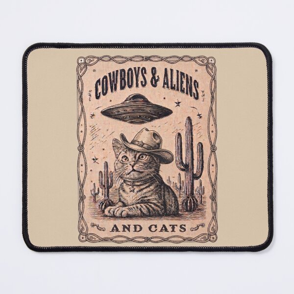 Item preview, Cowboys & Aliens And Cats - Funny Western Sci-Fi Vintage Art designed and sold by Cosmic Cactus.