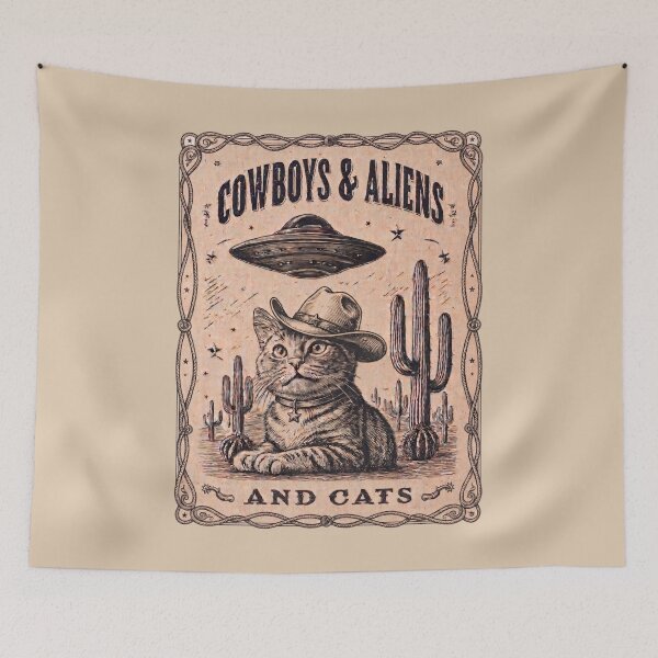Item preview, Cowboys & Aliens And Cats - Funny Western Sci-Fi Vintage Art designed and sold by Cosmic Cactus.