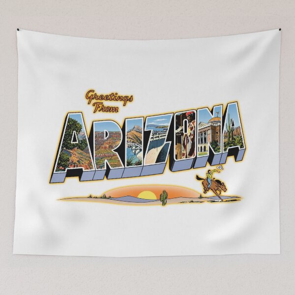 Item preview, Greetings From Arizona Vintage Postcard Illustration Featuring Desert Canyon, Saguaro, Cowboy and Landmarks designed and sold by portokalis.