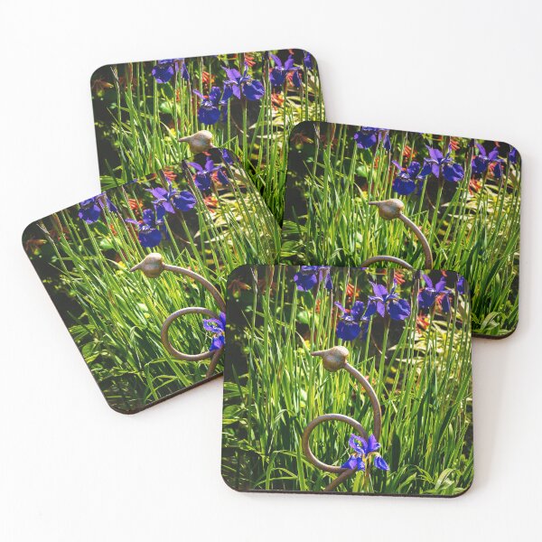 Item preview, The Bird & the Bloom — Blue Iris Garden with Bronze Sculpture Fine Art Photography designed and sold by Susarellis.