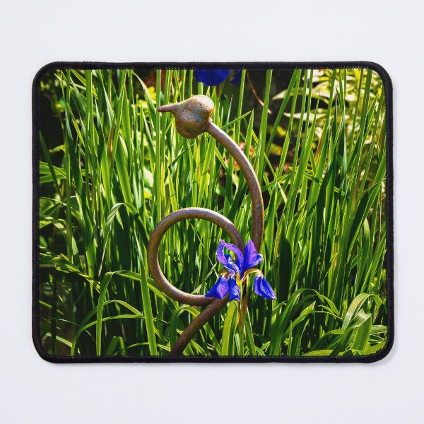 Item preview, The Bird & the Bloom — Blue Iris Garden with Bronze Sculpture Fine Art Photography designed and sold by Susarellis.