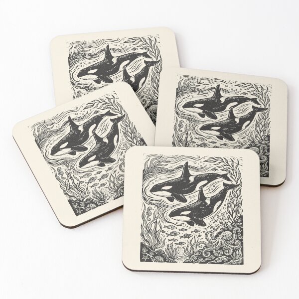 Item preview, Linocut Whales Orca Ocean Life Sea Creature  designed and sold by Y-Vibes.