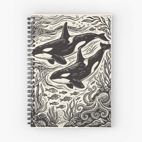 Item preview, Linocut Whales Orca Ocean Life Sea Creature  designed and sold by Y-Vibes.
