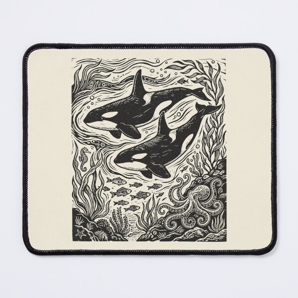 Item preview, Linocut Whales Orca Ocean Life Sea Creature designed and sold by Y-Vibes.