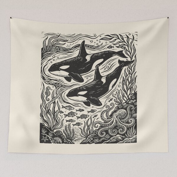 Item preview, Linocut Whales Orca Ocean Life Sea Creature  designed and sold by Y-Vibes.