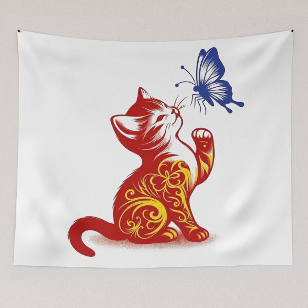 Item preview, Red Cat Butterfly Ornate Tribal Filigree Kitten Art designed and sold by Golden Threads Studio.