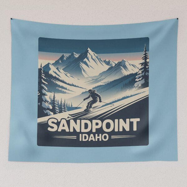 Item preview, Sandpoint Idaho Ski Poster – Vintage Winter Mountain Skiing Design designed and sold by ArcticFoxStudio.