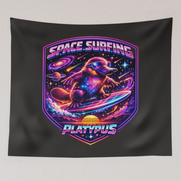 Item preview, Cosmic Platypus Surfing the Galaxy – Retro Neon Space Animal designed and sold by shorethings.