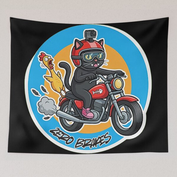 Item preview, Bad Brakes Funny Cat Riding Motorcycle with Chicken Cartoon Sticker designed and sold by Jankes88.