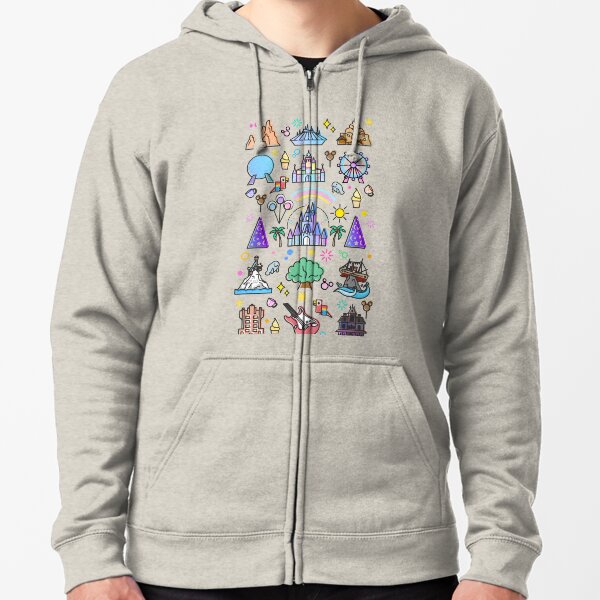 Happiest Place on Earth Collection. It's a Small World, Haunted Mansion, Princess Castle, Manatee, Ferris Wheel Theme Park. Zipped Hoodie