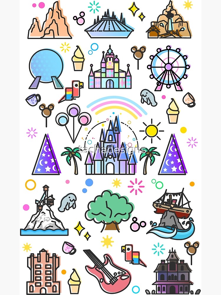 Discover Happiest Place on Earth Collection. It's a Small World, Haunted Mansion, Princess Castle, Manatee, Ferris Wheel Theme Park. Canvas