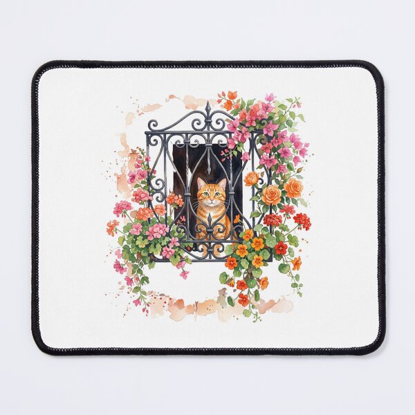 Item preview, Orange Tabby Cat Watercolor - European Window Grate Flowers Art Print designed and sold by PictoVibe.