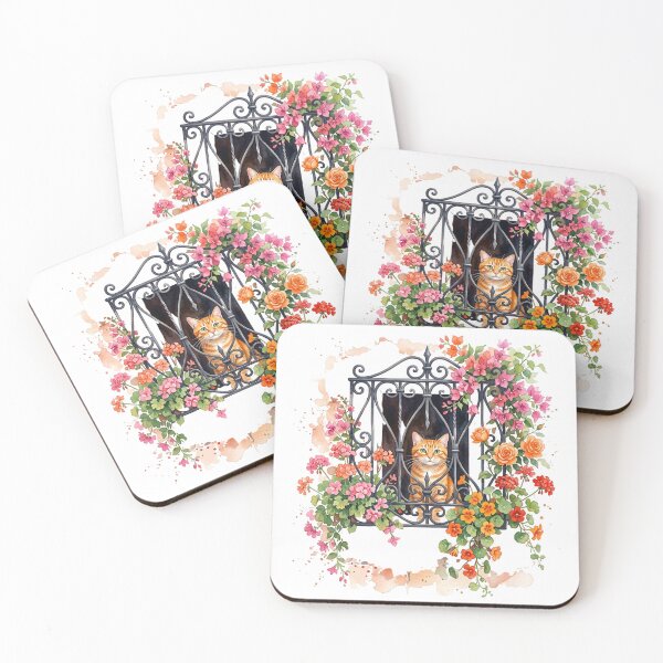 Item preview, Orange Tabby Cat Watercolor - European Window Grate Flowers Art Print designed and sold by PictoVibe.
