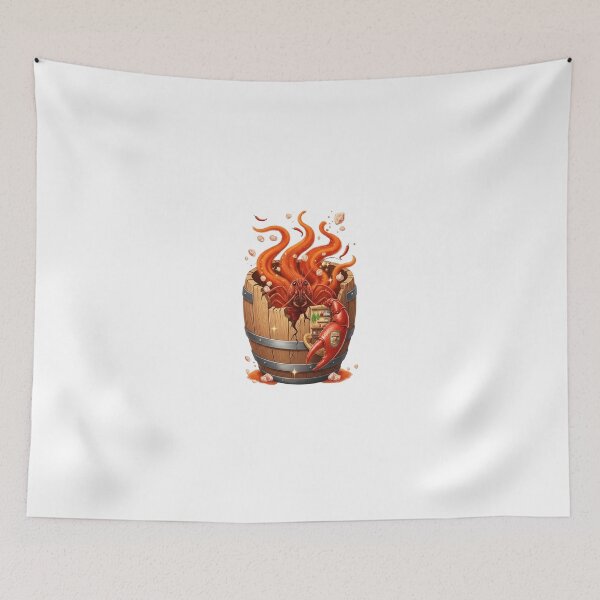 Item preview, Bright Red Crawfish Emerging from Cracked Barrel with Flames and Chili designed and sold by AbanoubStore.