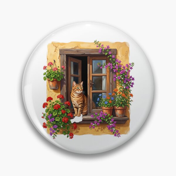 Item preview, Cute Orange Tabby Cat in Open Window - Rustic Mediterranean Floral Art designed and sold by PictoVibe.