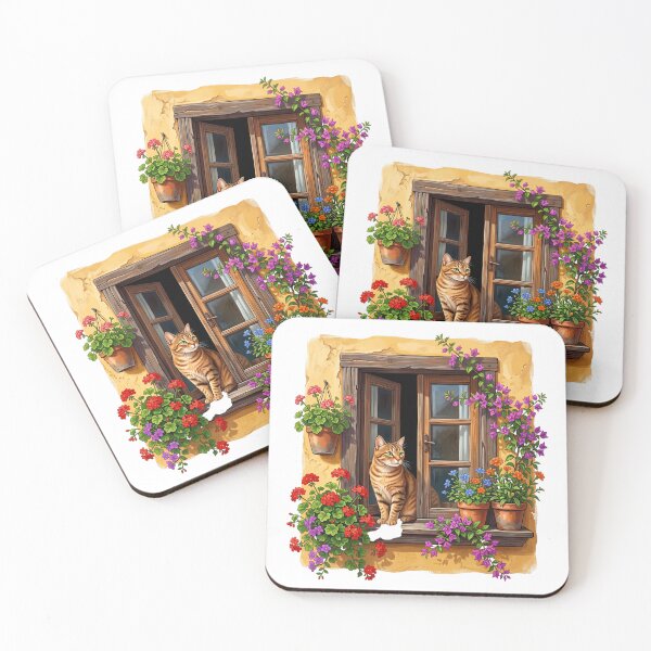 Item preview, Cute Orange Tabby Cat in Open Window - Rustic Mediterranean Floral Art designed and sold by PictoVibe.