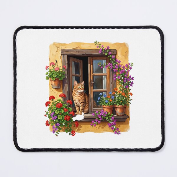 Item preview, Cute Orange Tabby Cat in Open Window - Rustic Mediterranean Floral Art designed and sold by PictoVibe.
