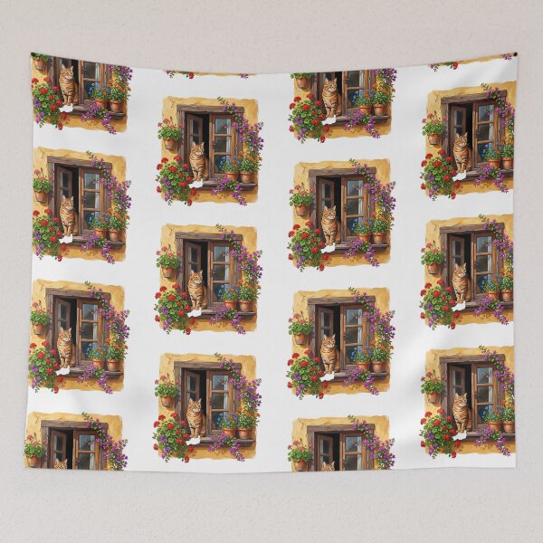 Item preview, Cute Orange Tabby Cat in Open Window - Rustic Mediterranean Floral Art designed and sold by PictoVibe.