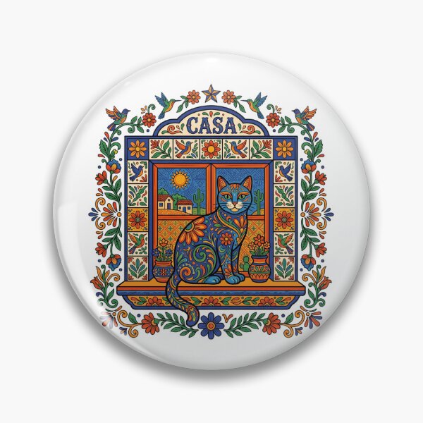 Item preview, Mexican Folk Art Cat in Casa Window - Colorful Talavera Tile Desert Art designed and sold by PictoVibe.