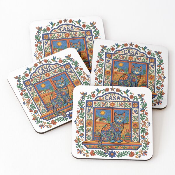 Item preview, Mexican Folk Art Cat in Casa Window - Colorful Talavera Tile Desert Art designed and sold by PictoVibe.