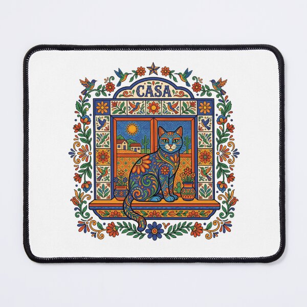 Item preview, Mexican Folk Art Cat in Casa Window - Colorful Talavera Tile Desert Art designed and sold by PictoVibe.