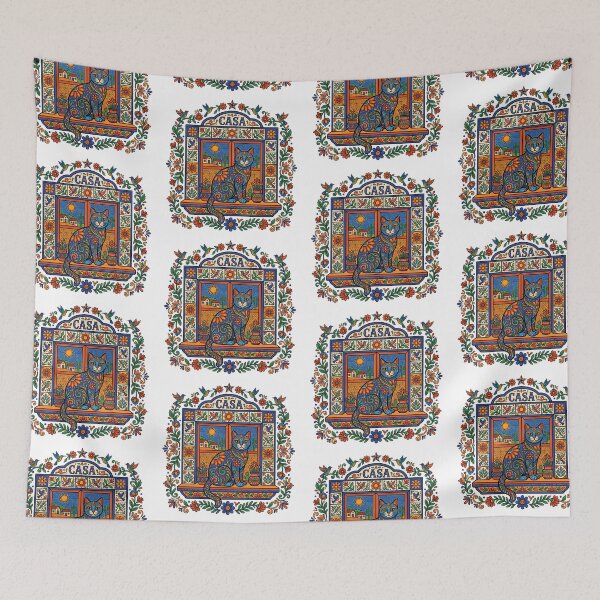Item preview, Mexican Folk Art Cat in Casa Window - Colorful Talavera Tile Desert Art designed and sold by PictoVibe.