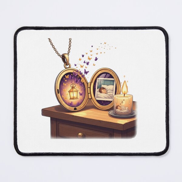 Item preview, Golden Locket on Wooden Table Glowing with Butterflies and Lantern Holding Sleeping Child designed and sold by AbanoubStore.