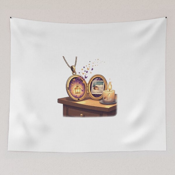Item preview, Golden Locket on Wooden Table Glowing with Butterflies and Lantern Holding Sleeping Child designed and sold by AbanoubStore.