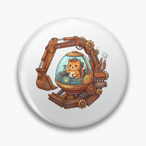 Item preview, Playful Orange Striped Cat Driving Rusty Steam Excavator with Wrench designed and sold by AbanoubStore.