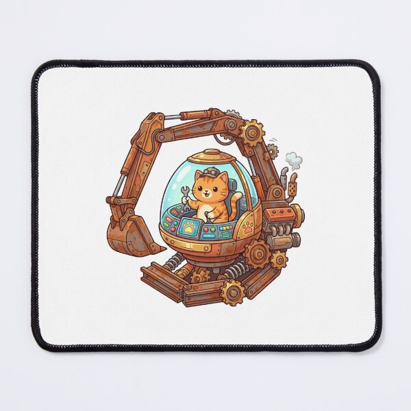 Item preview, Playful Orange Striped Cat Driving Rusty Steam Excavator with Wrench designed and sold by AbanoubStore.