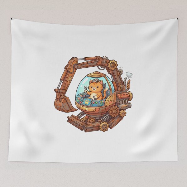 Item preview, Playful Orange Striped Cat Driving Rusty Steam Excavator with Wrench designed and sold by AbanoubStore.
