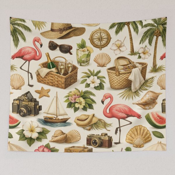 Item preview, Tropical Vacation Pattern – Flamingos, Palm Trees & Summer Icons designed and sold by Ve state official.