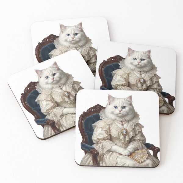 Item preview, Regal White Cat in Lace Ruff & Sapphire Jewelry Portrait - Historic Pet Art designed and sold by PictoVibe.