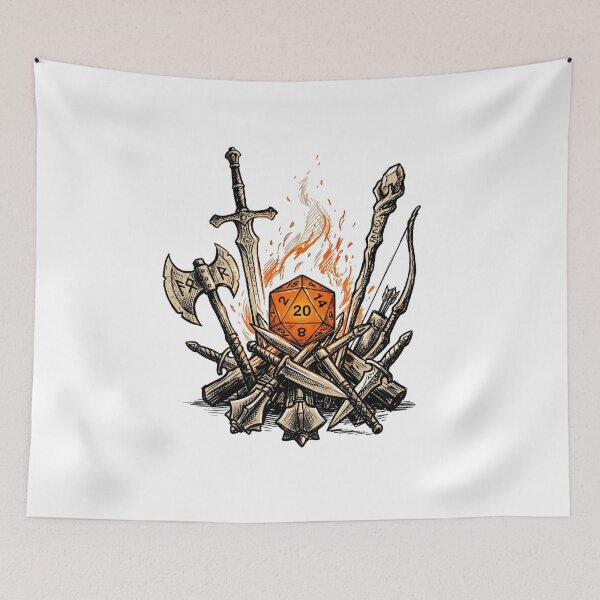 Item preview, Fantasy Weapon Pile and Flaming Polyhedral D20 Dice Art designed and sold by Fenay Designs.