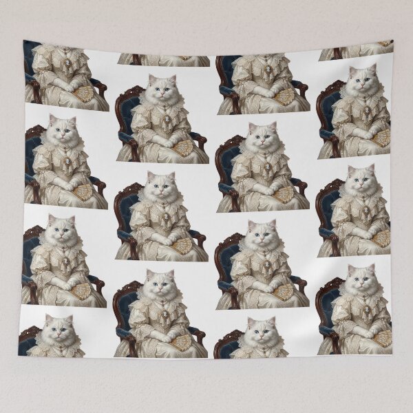 Item preview, Regal White Cat in Lace Ruff & Sapphire Jewelry Portrait - Historic Pet Art designed and sold by PictoVibe.