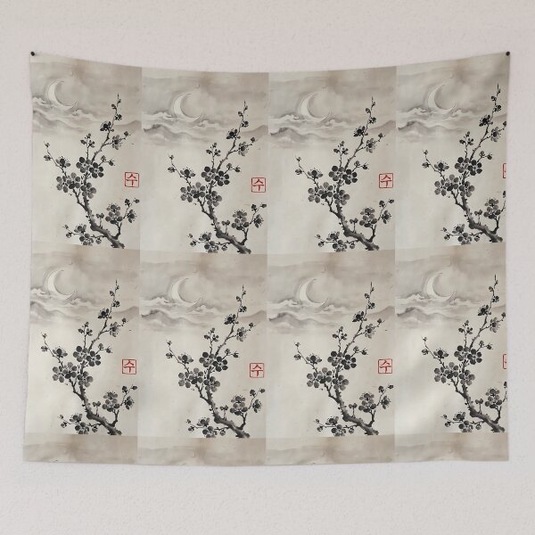 Item preview,  "Whispers of the Moon: Traditional Plum Blossom and Crescent Moon Ink Wash Art" designed and sold by SOOstudio73.